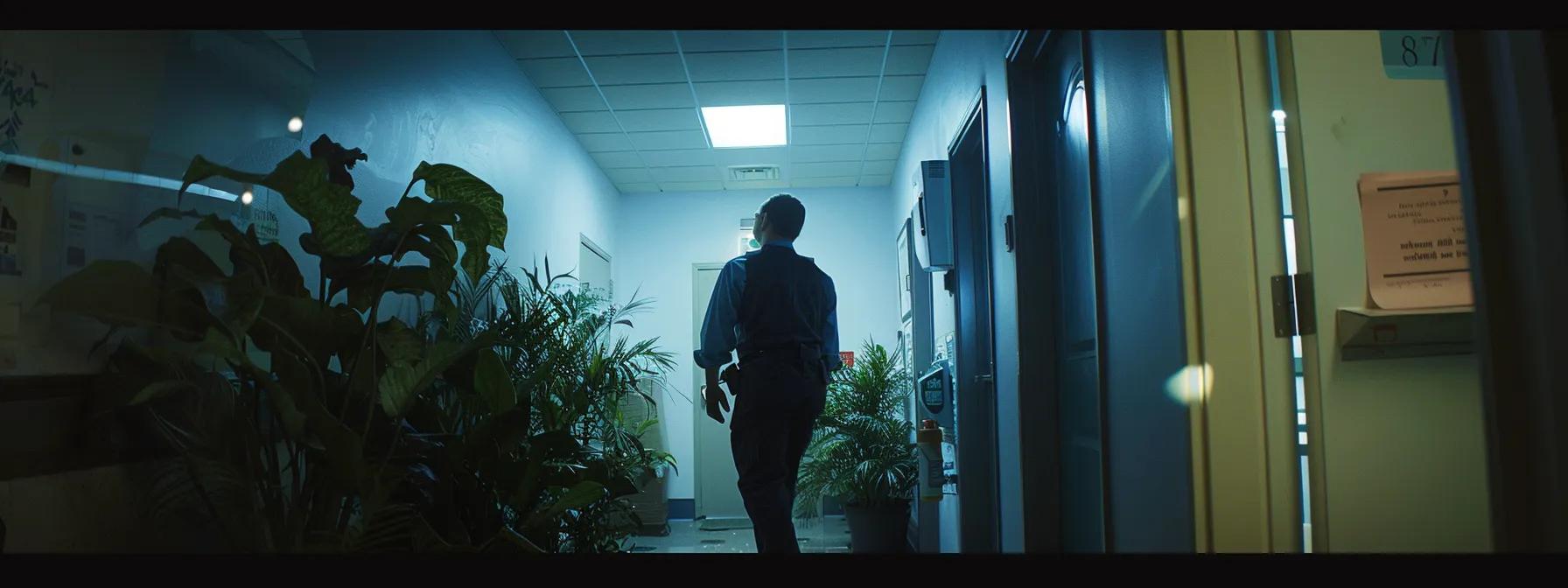 a professional pest control technician inspects a rhode island commercial property, equipped with digital monitoring tools and protective gear, as he documents pest entry points and prepares tailored treatment strategies under bright artificial lighting in a clean, modern office setting.