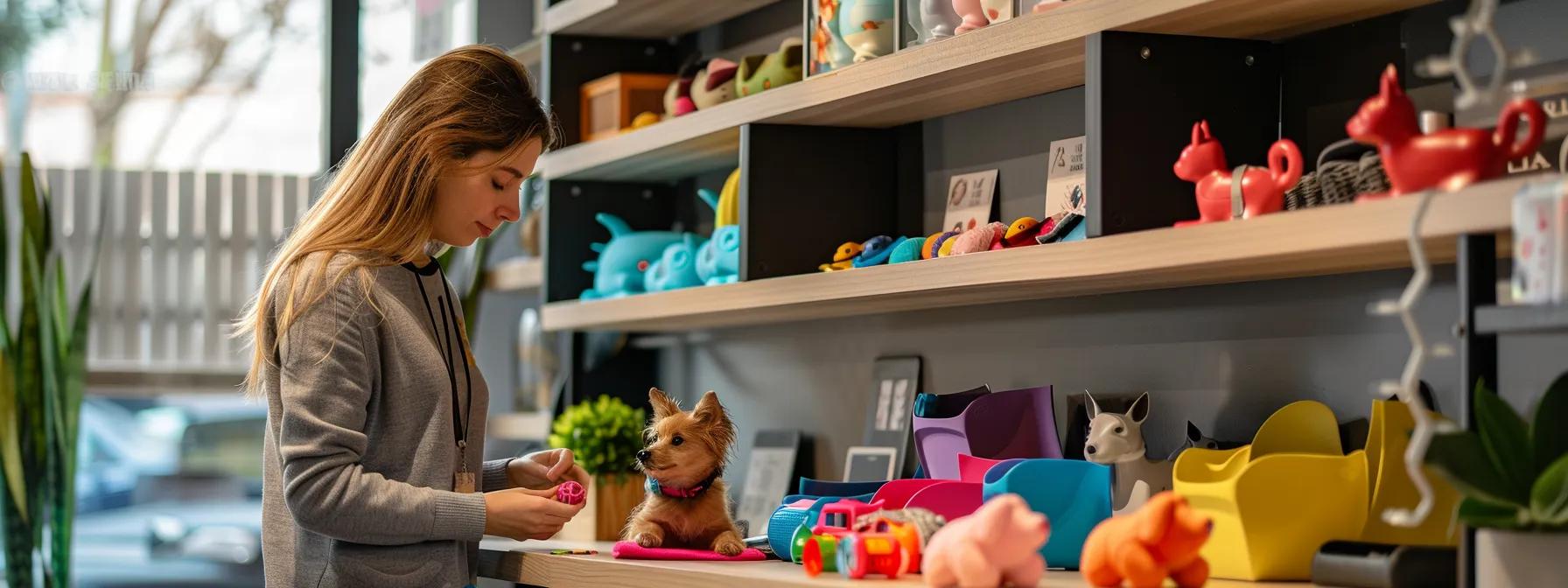 a professional pet care workspace features a focused individual meticulously inspecting a variety of colorful, well-used dog toys on a sleek, modern desk, emphasizing a commitment to safety and quality for canine companions. a professional pet care workspace features a focused individual meticulously inspecting a variety of colorful, well-used dog toys on a sleek, modern desk, emphasizing a commitment to safety and quality for canine companions.