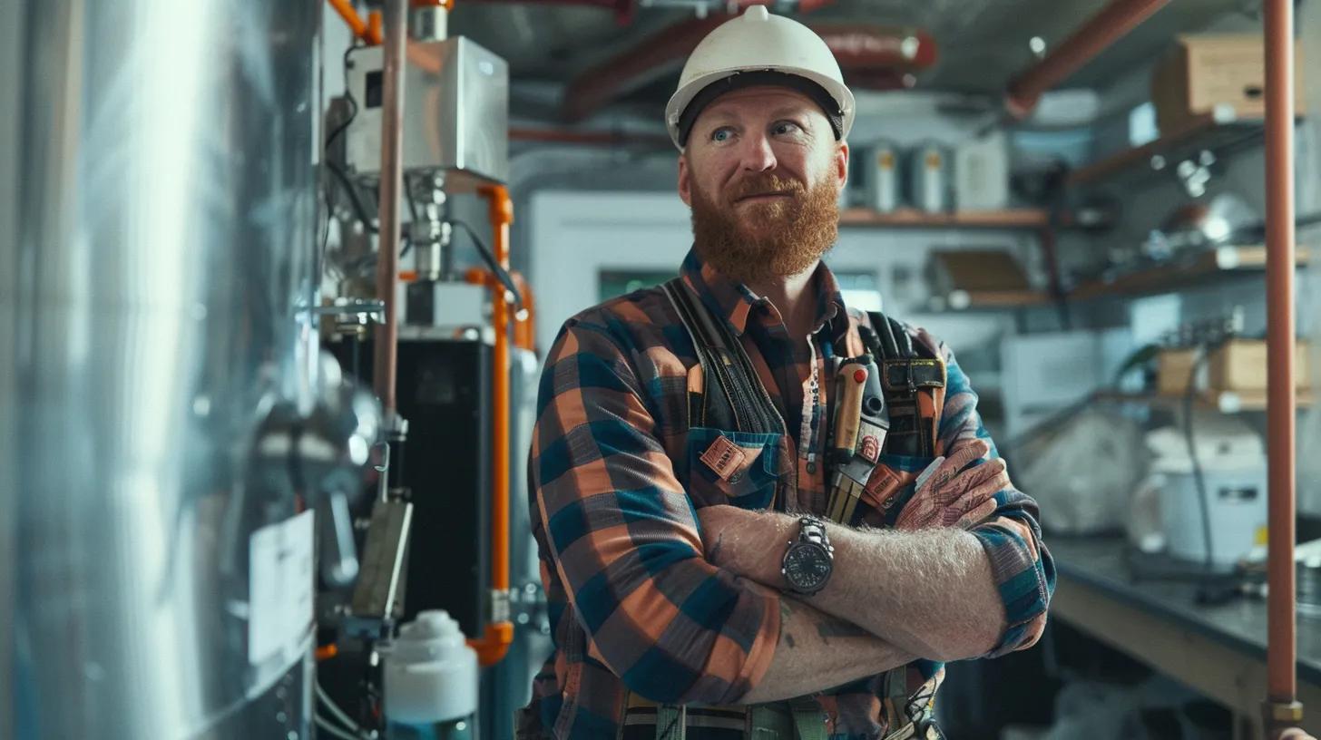 a professional plumber, equipped with specialized tools and wearing a proud expression, confidently inspects a complex plumbing system in a modern, well-lit industrial workspace, showcasing the benefits of expert repairs over diy attempts. a professional plumber, equipped with specialized tools and wearing a proud expression, confidently inspects a complex plumbing system in a modern, well-lit industrial workspace, showcasing the benefits of expert repairs over diy attempts.
