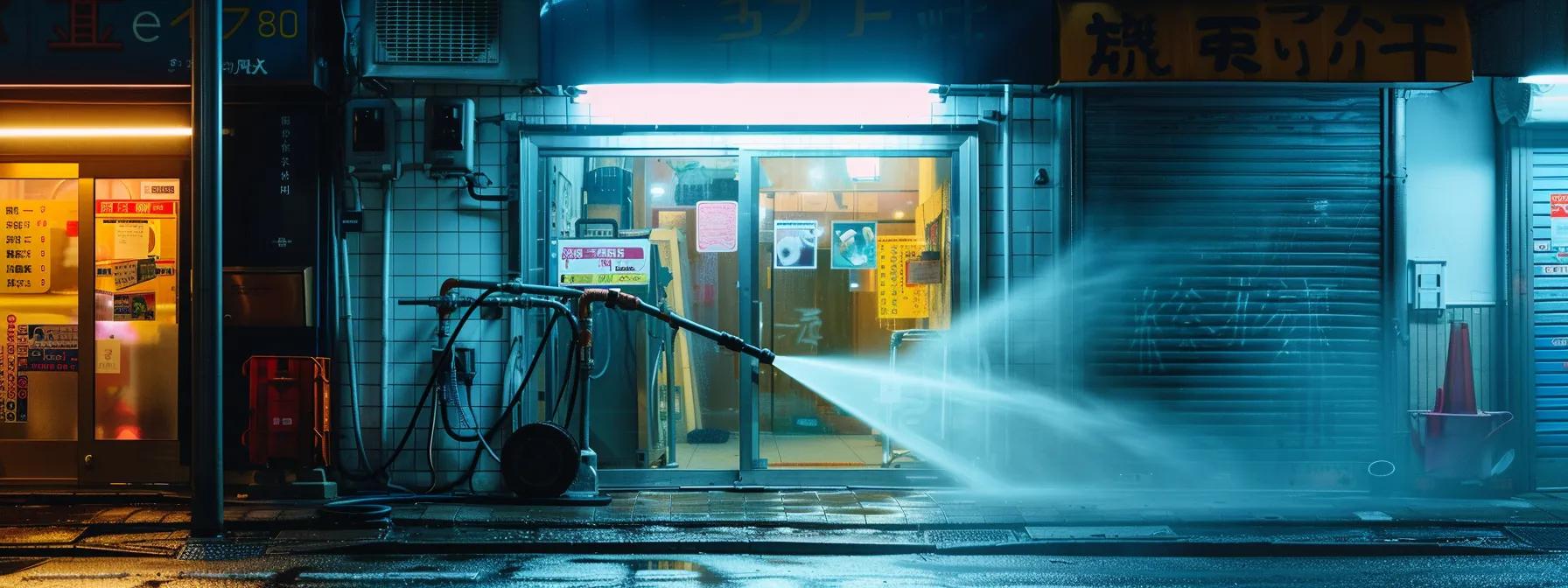 a professional pressure washer in action, blasting away grime from a vibrant storefront, showcasing the transformative power of maintenance and care. a professional pressure washer in action, blasting away grime from a vibrant storefront, showcasing the transformative power of maintenance and care.