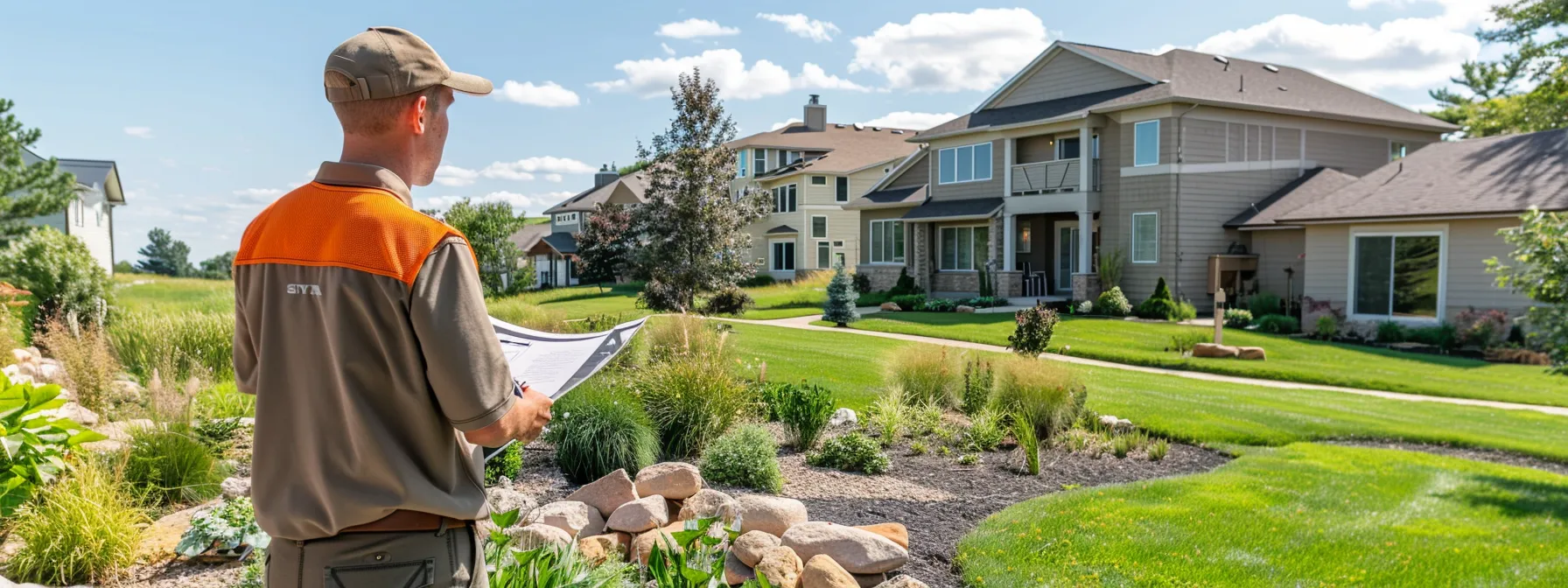 a professional representative from st. cloud landscaping experts conducts a consultation with a homeowner in a well-designed urban backyard, demonstrating tree removal plans against a backdrop of distinct landscaping features and clear blue skies. a professional representative from st. cloud landscaping experts conducts a consultation with a homeowner in a well-designed urban backyard, demonstrating tree removal plans against a backdrop of distinct landscaping features and clear blue skies.