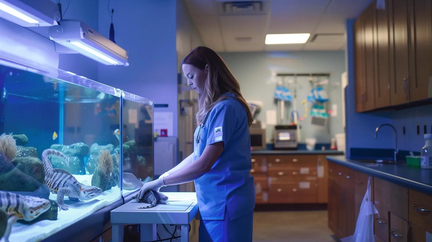 a professional reptile veterinary clinic interior is vividly depicted, featuring a veterinarian consulting with a pet owner beside a sleek examination table, with advanced diagnostic equipment and vibrant aquariums in the background, embodying an atmosphere of expertise and care.