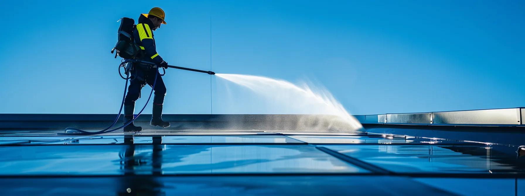 a professional roof cleaner, equipped with advanced safety gear and high-pressure cleaning equipment, meticulously works on a commercial rooftop against a backdrop of a clear blue sky, emphasizing the importance of safety in the maintenance process. a professional roof cleaner, equipped with advanced safety gear and high-pressure cleaning equipment, meticulously works on a commercial rooftop against a backdrop of a clear blue sky, emphasizing the importance of safety in the maintenance process.