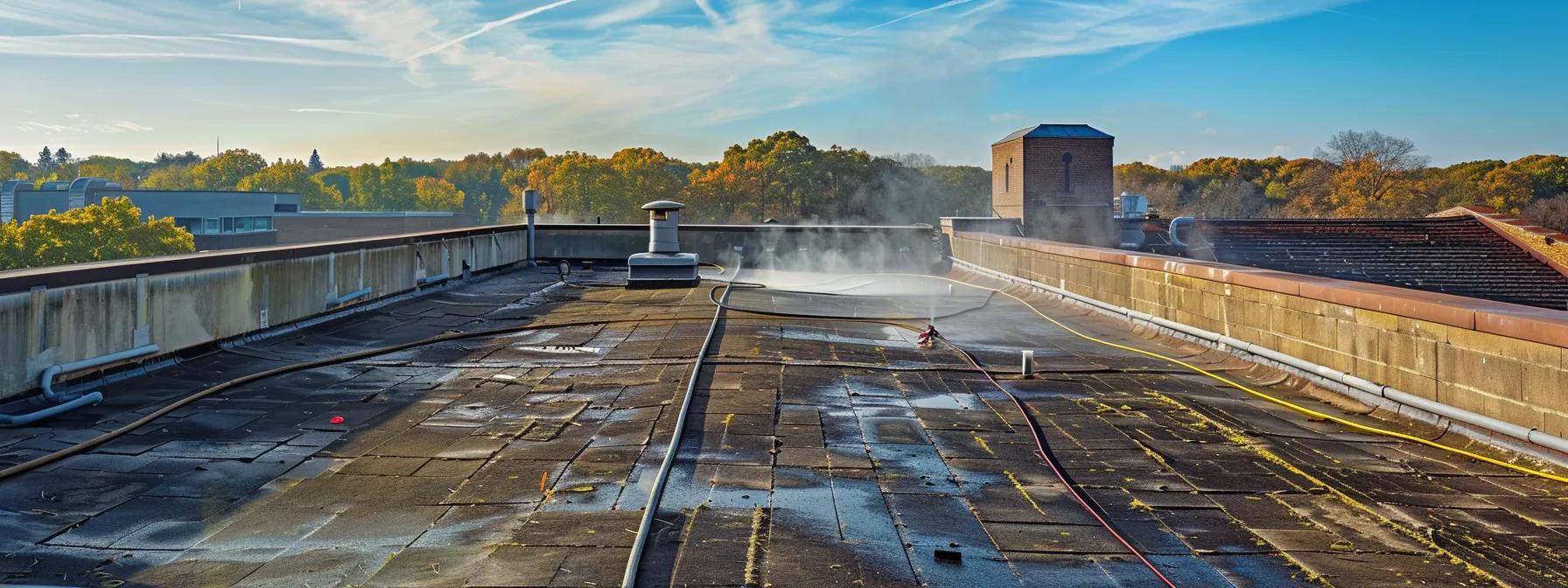 a professional roof cleaning crew is vigorously applying a sodium hypochlorite solution with a pressure washer on a robust commercial rooftop, showcasing the effective removal of mold and mildew highlighted by stark contrasts of the pristine cleaning against a weathered surface. a professional roof cleaning crew is vigorously applying a sodium hypochlorite solution with a pressure washer on a robust commercial rooftop, showcasing the effective removal of mold and mildew highlighted by stark contrasts of the pristine cleaning against a weathered surface.