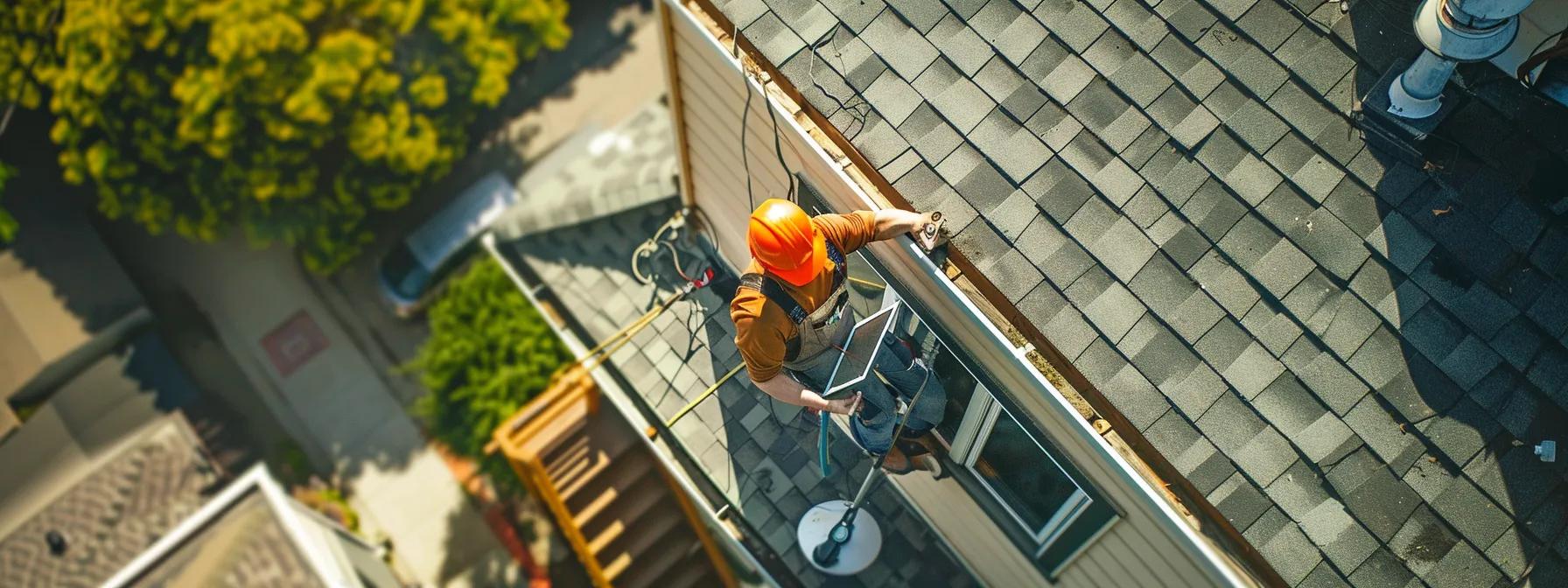 a professional roof inspector analyzes a home's roof from an elevated vantage point, surrounded by tools and a digital tablet displaying roof assessment data, in a clear, urban residential environment. a professional roof inspector analyzes a home's roof from an elevated vantage point, surrounded by tools and a digital tablet displaying roof assessment data, in a clear, urban residential environment.