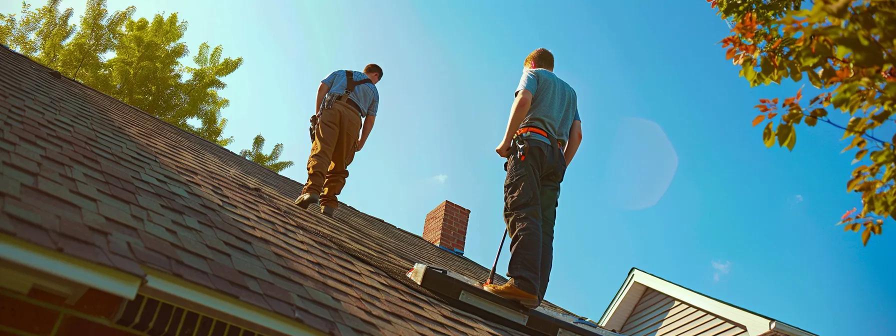 a professional roofer conducts a thorough inspection on a suburban home’s roof, utilizing high-tech equipment under the bright illumination of a clear blue sky, while a homeowner observes from the ground, anticipating the detailed report on their roof's health. a professional roofer conducts a thorough inspection on a suburban home’s roof, utilizing high-tech equipment under the bright illumination of a clear blue sky, while a homeowner observes from the ground, anticipating the detailed report on their roof's health.