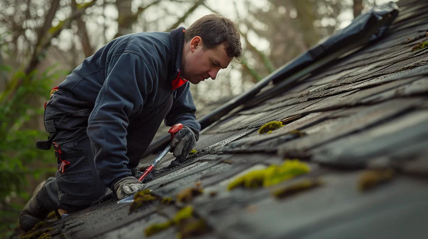 a professional roofer inspects a slate roof under bright indoor lighting, showcasing a clean, organized workspace filled with eco-friendly roof cleaning solutions, emphasizing the importance of preventing moss and algae accumulation to ensure structural integrity.
