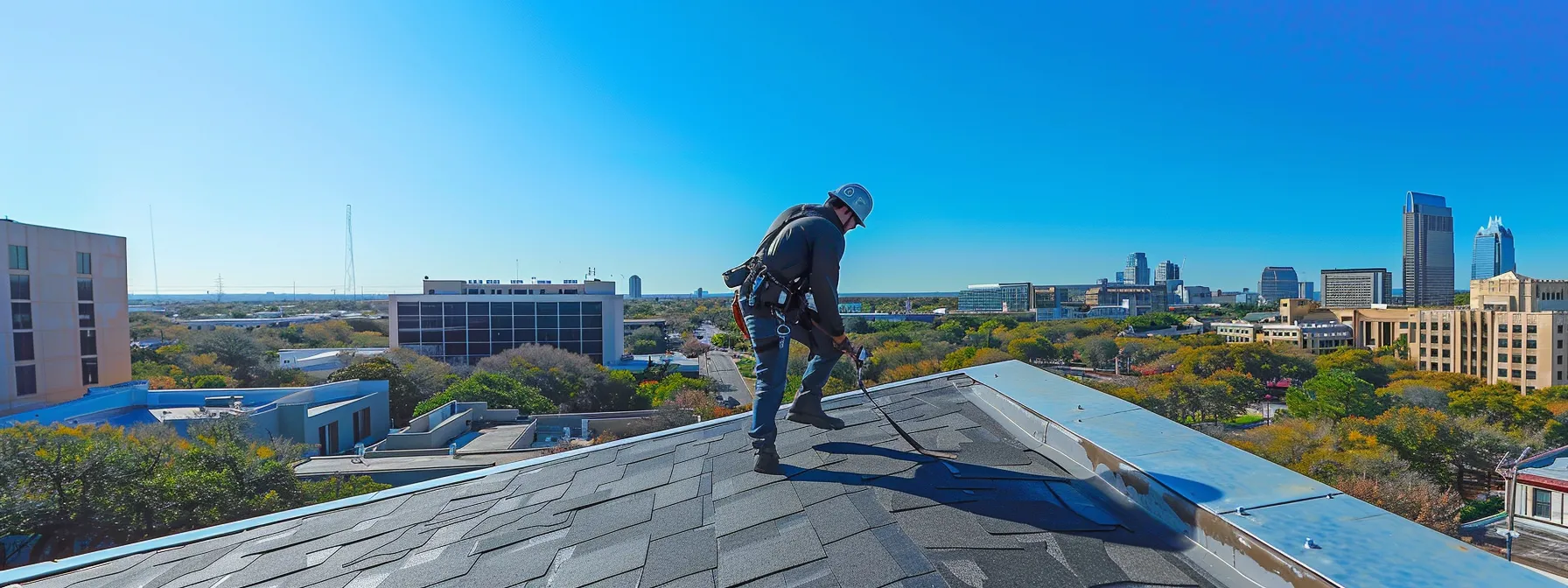 a professional roofer skillfully installs high-quality shingles on a modern commercial roof in a vibrant san antonio setting, showcasing precision tools and safety gear under a clear blue sky.