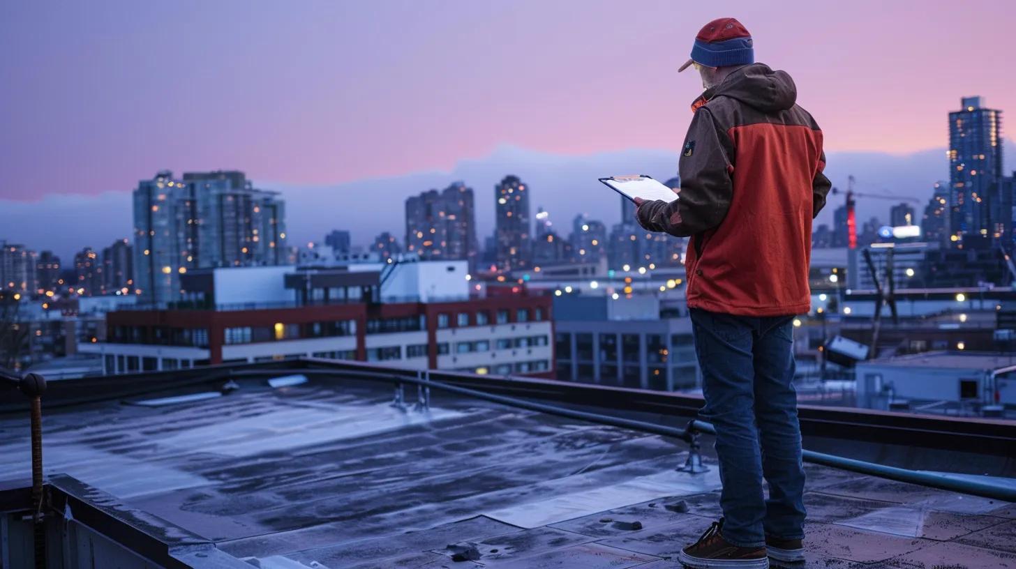 a professional roofer stands on a well-maintained urban rooftop, meticulously inspecting the shingles and flashing under bright artificial lighting, with a clipboard in hand and a city skyline in the background, emphasizing the importance of proactive roof evaluations to prevent costly damage.