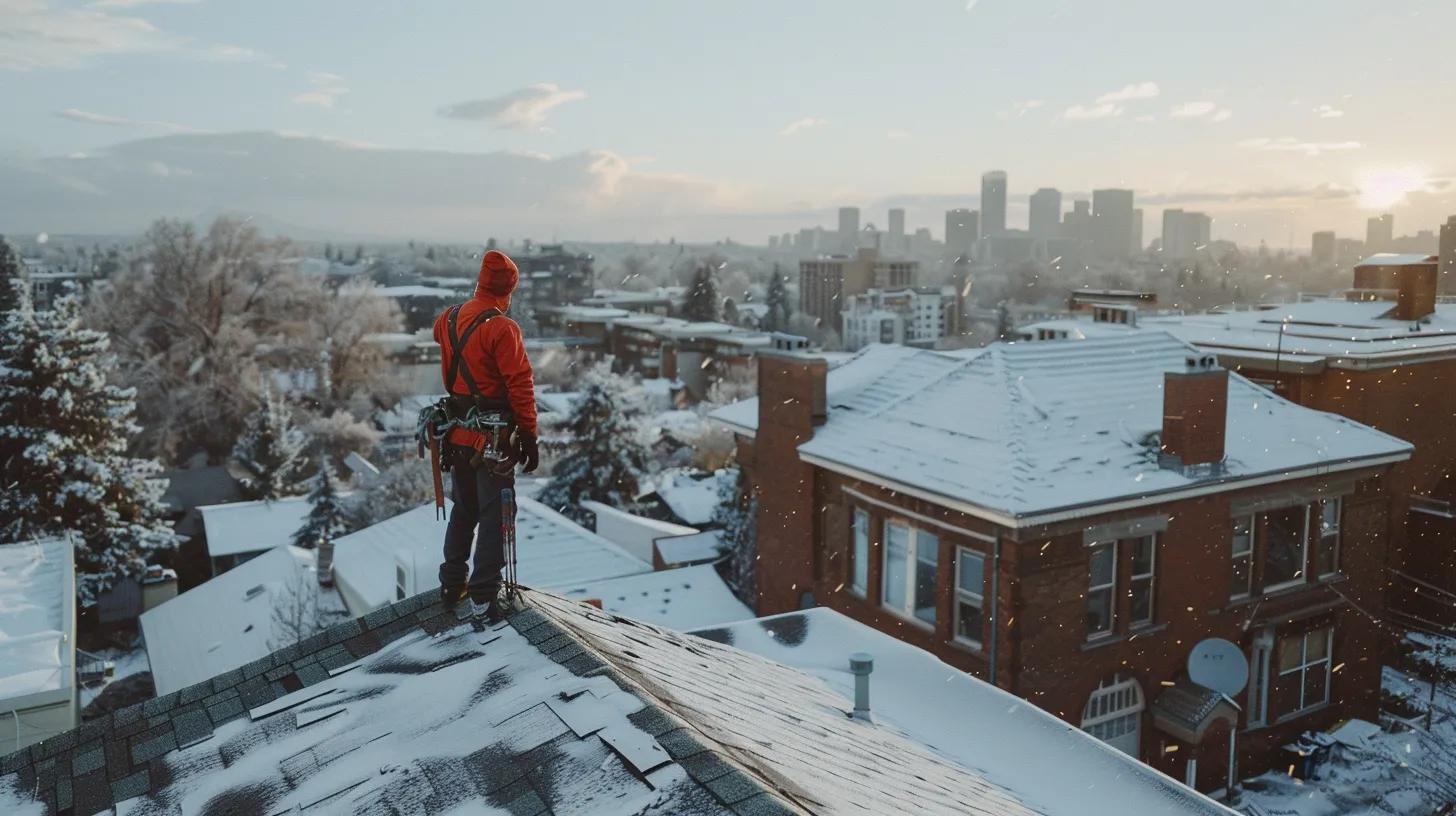 a professional roofing contractor assess an urban residential roof after a storm, using high-tech equipment to identify damage from wind and hail, with a backdrop of a wintery cityscape showcasing snow-laden rooftops and icy conditions.
