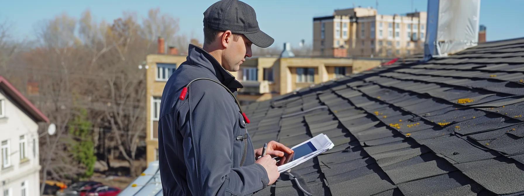 a professional roofing contractor inspects a well-maintained roof in a sunny urban setting, equipped with specialized tools and a detailed checklist, highlighting the importance of routine maintenance to prevent mold and water damage indoors. a professional roofing contractor inspects a well-maintained roof in a sunny urban setting, equipped with specialized tools and a detailed checklist, highlighting the importance of routine maintenance to prevent mold and water damage indoors.