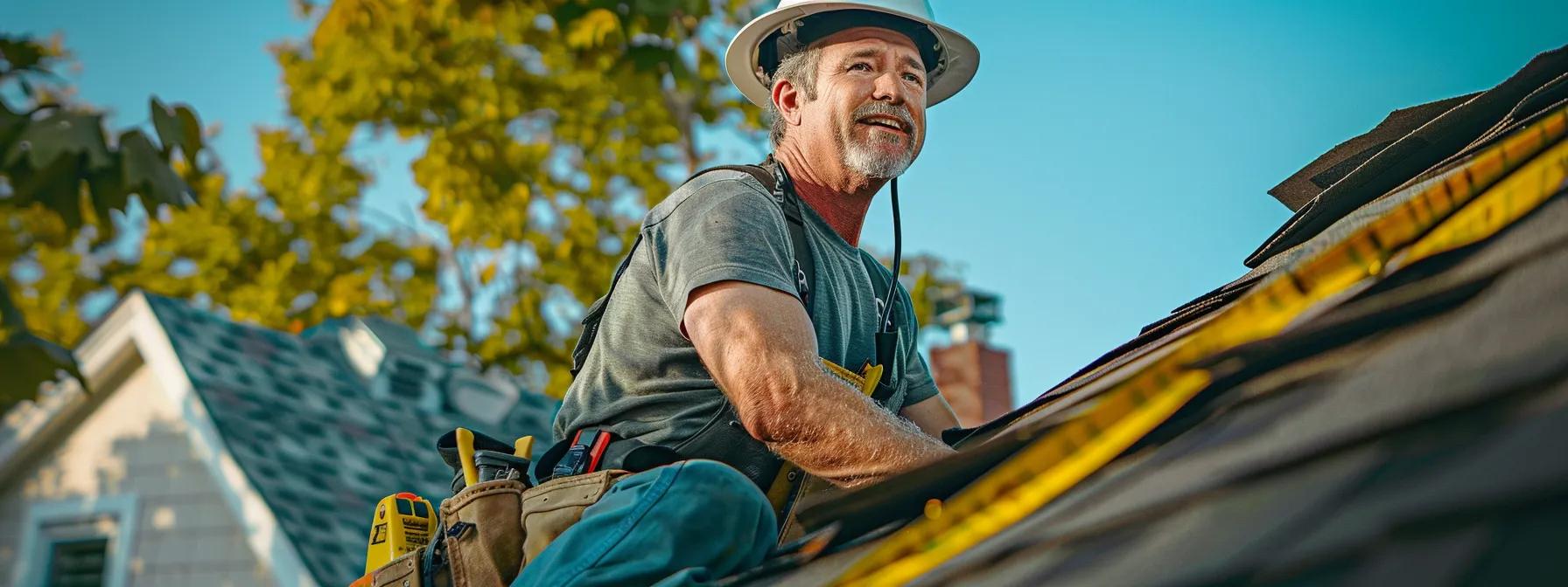 a professional roofing contractor, clad in safety gear, inspects a residential roof from a sturdy ladder against a backdrop of a well-kept suburban neighborhood, showcasing the importance of reliable local roofing repair services. a professional roofing contractor, clad in safety gear, inspects a residential roof from a sturdy ladder against a backdrop of a well-kept suburban neighborhood, showcasing the importance of reliable local roofing repair services.