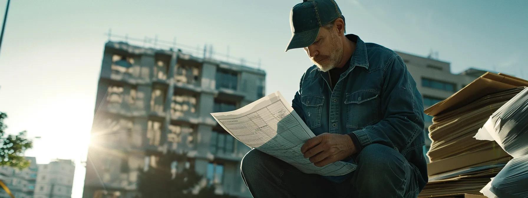 a professional roofing contractor meticulously analyzes blueprints and a stack of shingle bundles against the backdrop of an urban construction site, emphasizing the precise calculation of materials needed for an efficient roofing project. a professional roofing contractor meticulously analyzes blueprints and a stack of shingle bundles against the backdrop of an urban construction site, emphasizing the precise calculation of materials needed for an efficient roofing project.