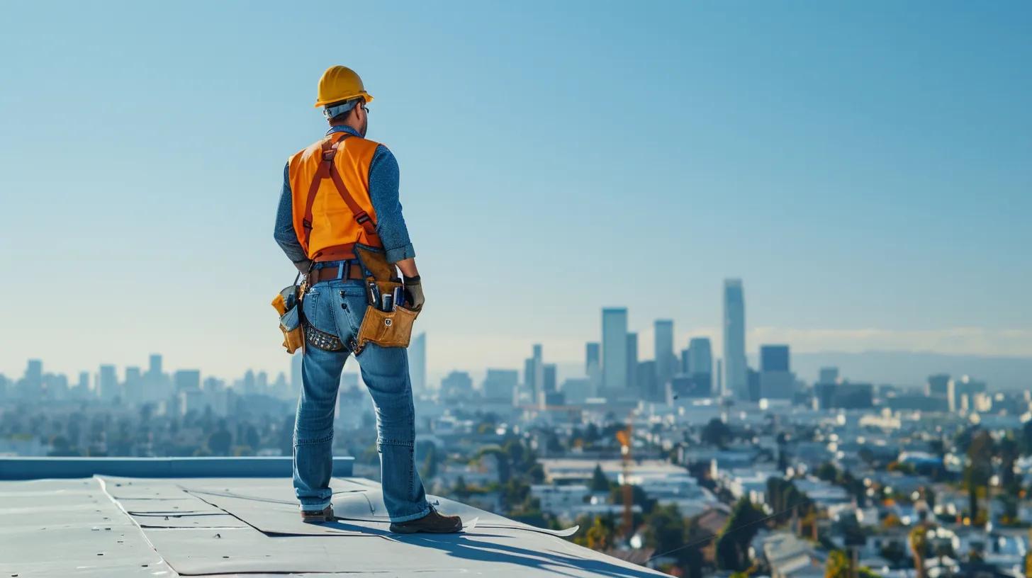 a professional roofing contractor inspects a modern urban roof, equipped with tools and safety gear, set against a backdrop of a vibrant city skyline under a clear blue sky.