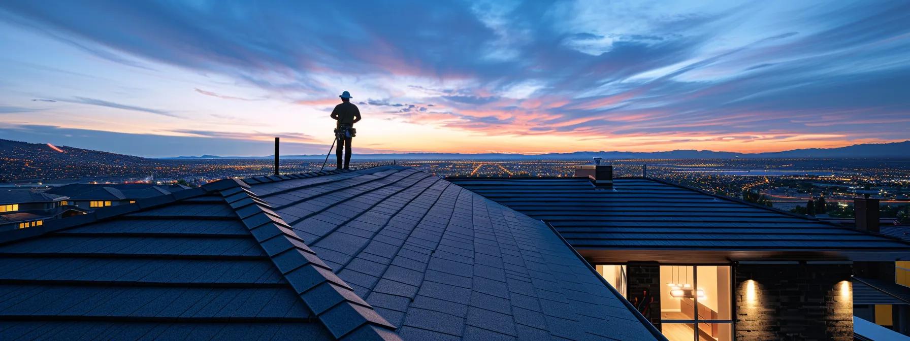 a professional roofing contractor inspects a sleek, modern home’s shingle roof under the bright lights of an urban setting, equipped with tools for effective maintenance and showcasing the importance of quality materials and professional care. a professional roofing contractor inspects a sleek, modern home’s shingle roof under the bright lights of an urban setting, equipped with tools for effective maintenance and showcasing the importance of quality materials and professional care.
