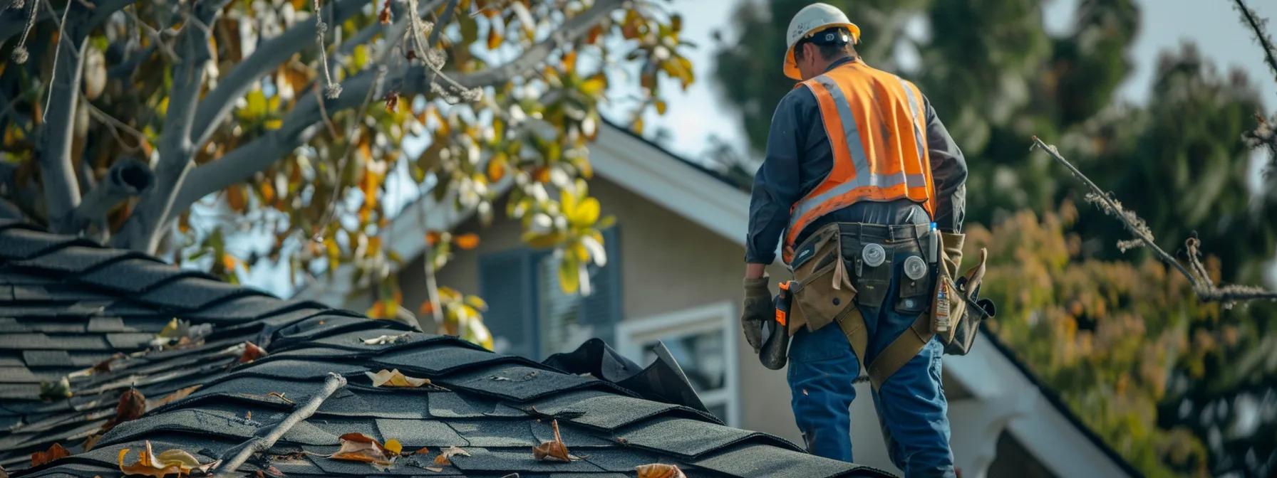 a professional roofing contractor inspects a damaged roof in an urban irvine neighborhood, showcasing detailed repair strategies against a backdrop of residential homes with visible storm damage, illuminated by warm indoor office lighting. a professional roofing contractor inspects a damaged roof in an urban irvine neighborhood, showcasing detailed repair strategies against a backdrop of residential homes with visible storm damage, illuminated by warm indoor office lighting.