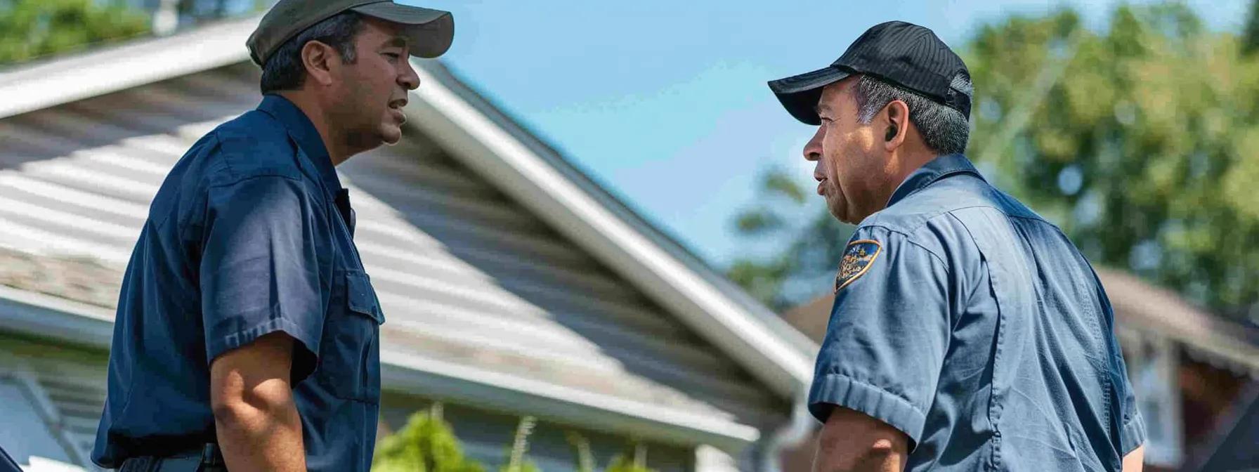 a professional roofing inspector, dressed in a clean uniform, converses with a homeowner in an urban missouri neighborhood, with a backdrop of well-maintained houses and clear skies, emphasizing the importance of building trusted relationships through free roofing inspections. a professional roofing inspector, dressed in a clean uniform, converses with a homeowner in an urban missouri neighborhood, with a backdrop of well-maintained houses and clear skies, emphasizing the importance of building trusted relationships through free roofing inspections.