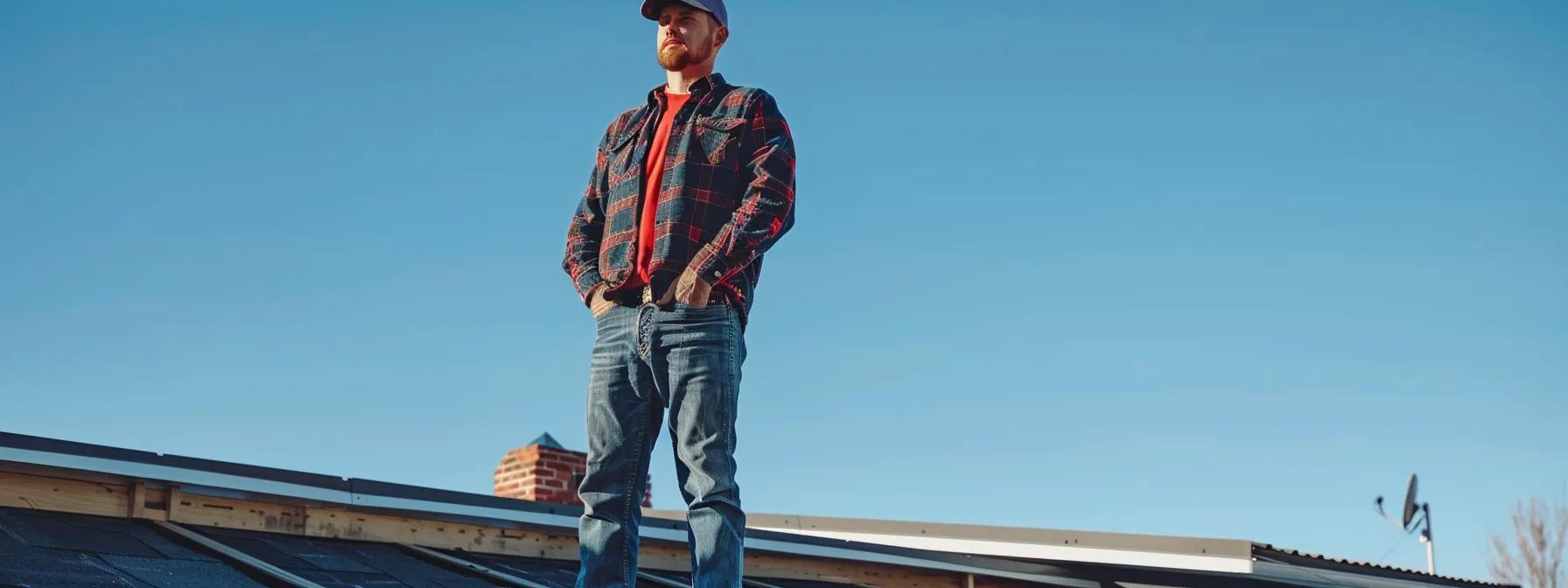 a professional roofing inspector stands confidently on a well-maintained rooftop, surveying the structure against a clear blue sky, embodying the assurance and readiness that comes from regular roof inspections to ensure home safety. a professional roofing inspector stands confidently on a well-maintained rooftop, surveying the structure against a clear blue sky, embodying the assurance and readiness that comes from regular roof inspections to ensure home safety.