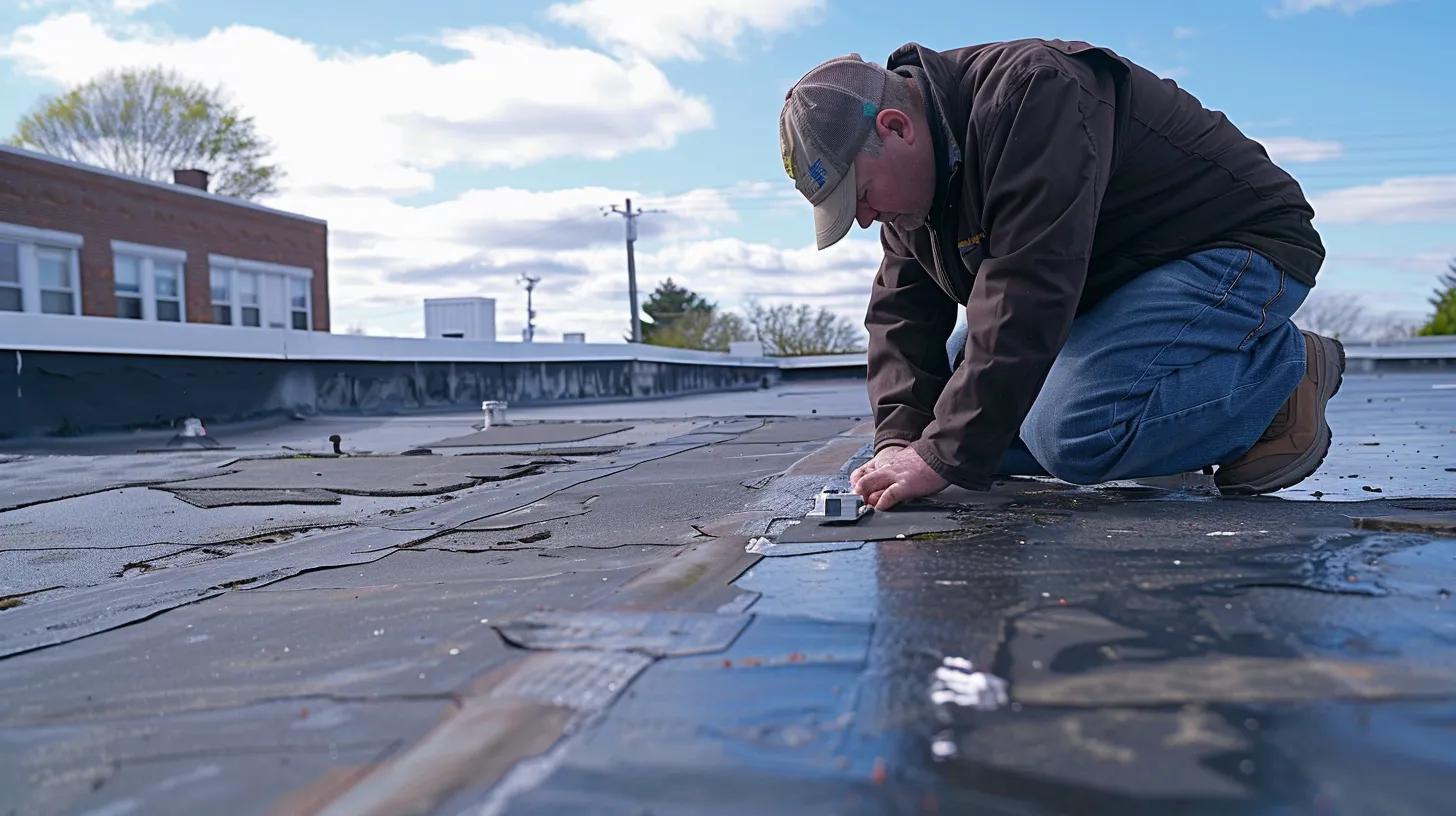 a professional roofing inspector conducts a thorough assessment of a flat roof with visibly cracked elastomeric coatings and freshly applied high-reflectivity sealant under bright, artificial office lighting, emphasizing the importance of roof maintenance for energy efficiency and longevity.