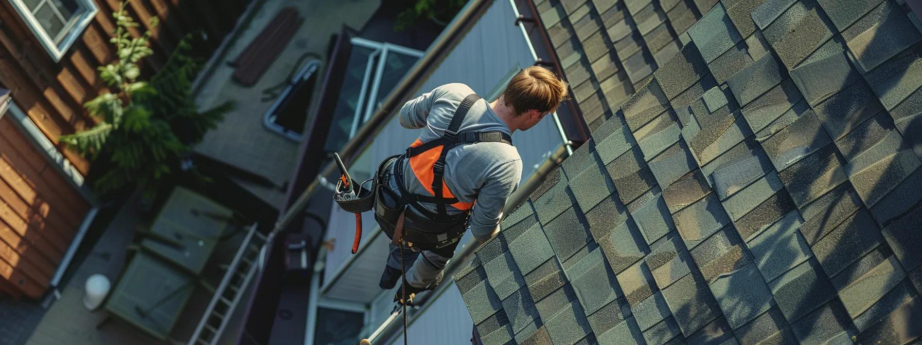 a professional roofing inspector meticulously evaluates a roof's condition from a ladder, surrounded by an array of tools and materials, highlighting the intricate details of labor and costs involved in repairs. a professional roofing inspector meticulously evaluates a roof's condition from a ladder, surrounded by an array of tools and materials, highlighting the intricate details of labor and costs involved in repairs.