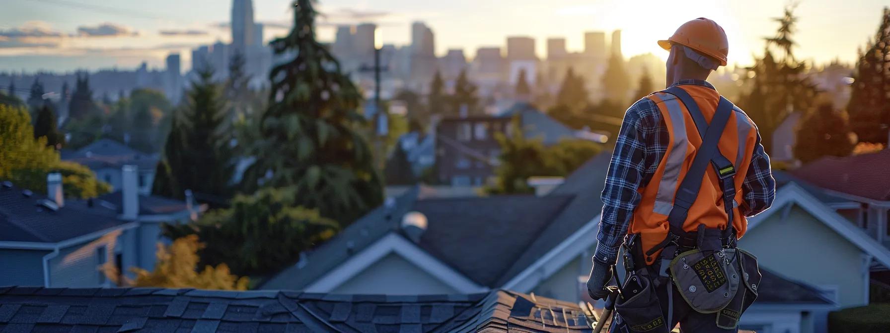 a professional roofing inspector, equipped with tools, meticulously evaluates the rooftop of a suburban home from an elevated perspective, showcasing the detailed examination process under an industrial-style urban skyline in the background.