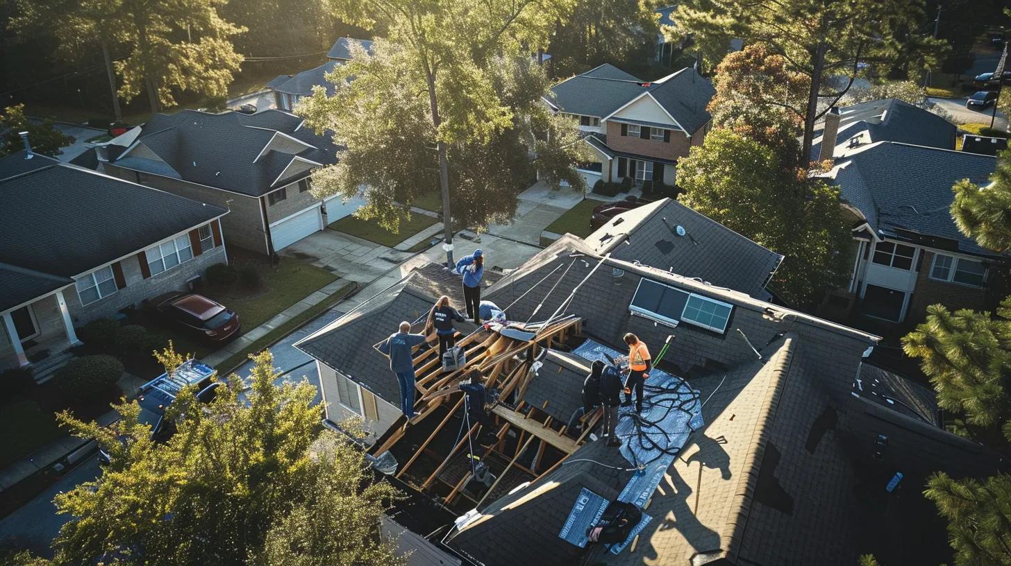 a professional roofing team, clad in branded uniforms, actively assists a diverse group of homeowners in a suburban johns creek neighborhood, surrounded by homes visibly affected by storm damage, showcasing a spirit of community engagement and urgent service response. a professional roofing team, clad in branded uniforms, actively assists a diverse group of homeowners in a suburban johns creek neighborhood, surrounded by homes visibly affected by storm damage, showcasing a spirit of community engagement and urgent service response.