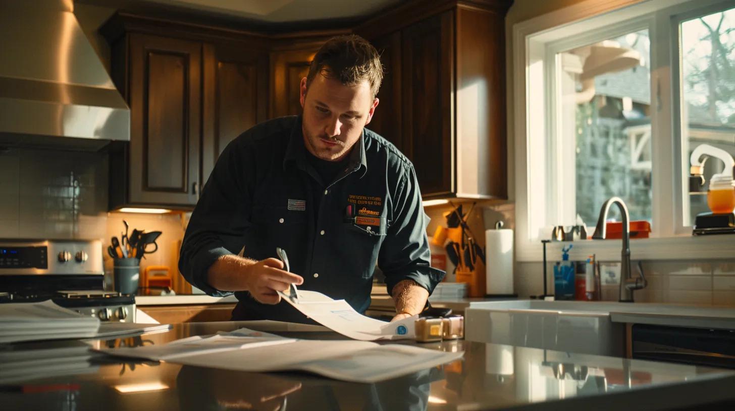 a professional service technician assesses a well-organized home workspace, equipped with tools and safety measures, while discussing appointment details with a homeowner in a clean, modern interior setting. a professional service technician assesses a well-organized home workspace, equipped with tools and safety measures, while discussing appointment details with a homeowner in a clean, modern interior setting.