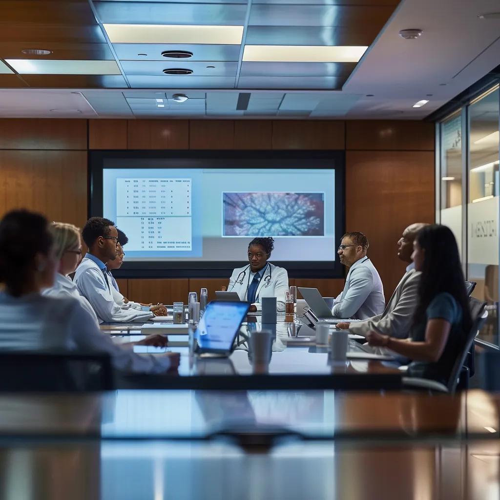 a professional setting inside a sleek conference room features a diverse group of healthcare professionals engaged in a collaborative discussion, with regulatory documents and a digital presentation highlighting memory care facility guidelines prominently displayed on the screen.