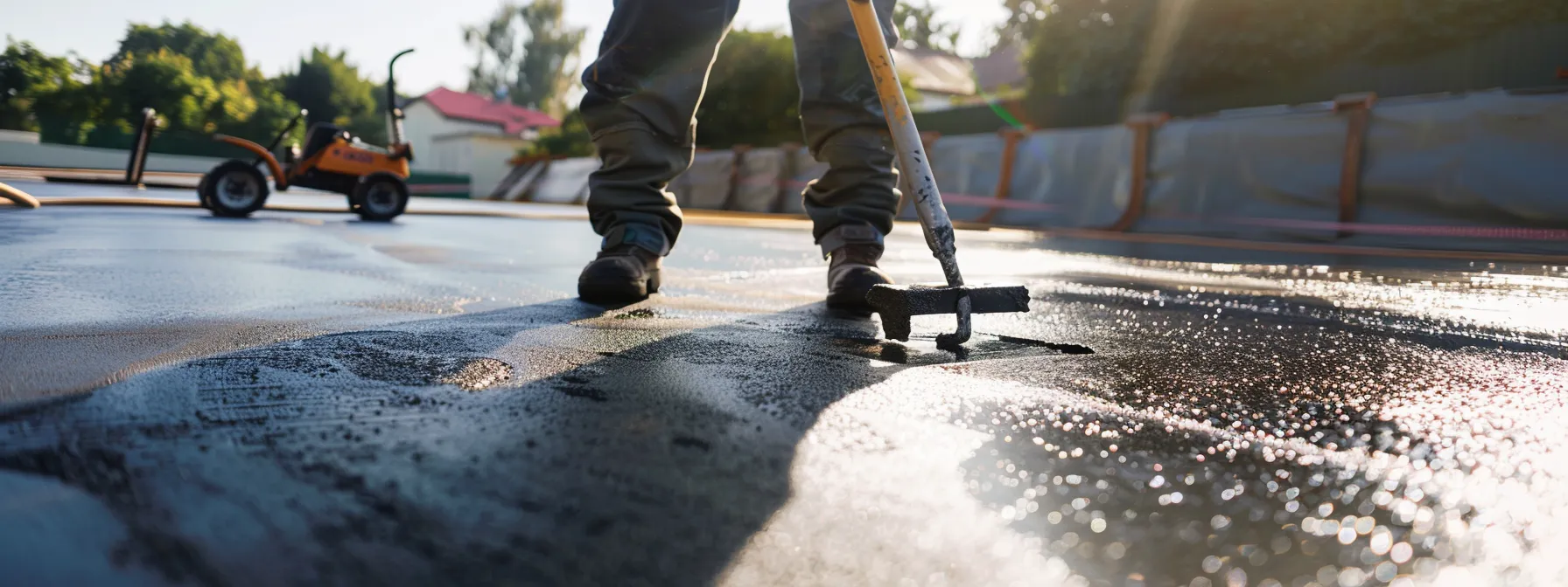 a professional setting showcases a sealcoating contractor meticulously applying a fresh black layer of sealant on a pristine pavement surface, surrounded by tools and equipment, with clear attention to detail and optimal conditions for durability.
