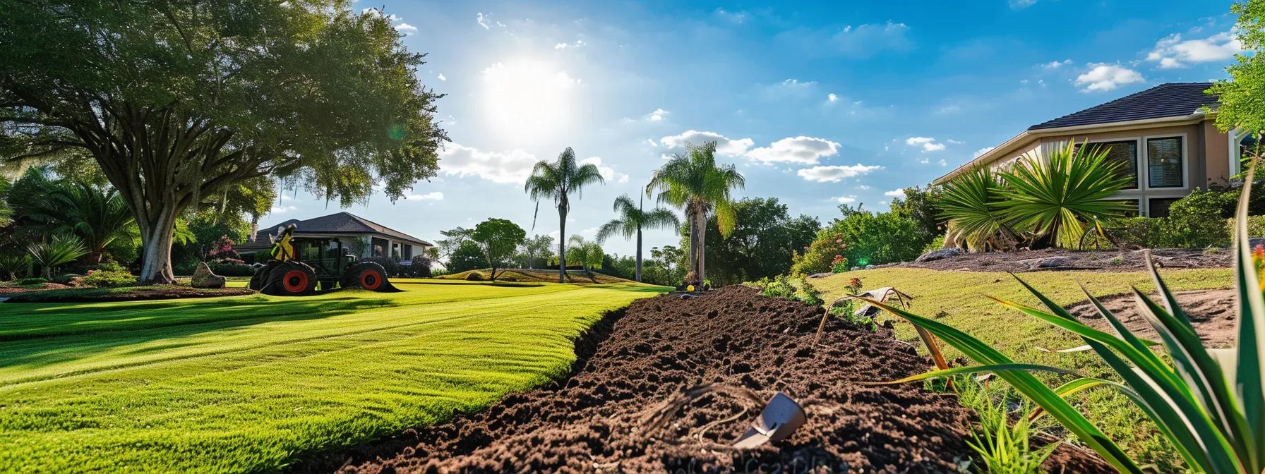 a professional sod installation crew efficiently rolls out lush, high-quality orlando sod in a pristine suburban yard, showcasing the vibrant green grass contrasted against newly tilled soil under bright, clear skies, captured with a dslr camera for sharp detail and depth. a professional sod installation crew efficiently rolls out lush, high-quality orlando sod in a pristine suburban yard, showcasing the vibrant green grass contrasted against newly tilled soil under bright, clear skies, captured with a dslr camera for sharp detail and depth.