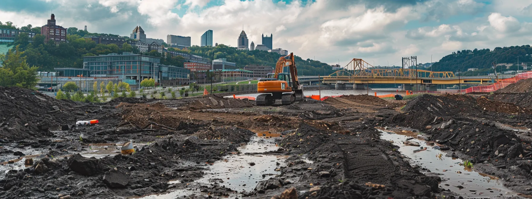 a professional soil remediation team is actively engaged in a city landscape, using advanced machinery and techniques to transform a previously contaminated site into a vibrant, safe area ready for redevelopment, with urban structures in the background highlighting the significance of environmental restoration for pittsburgh landowners.