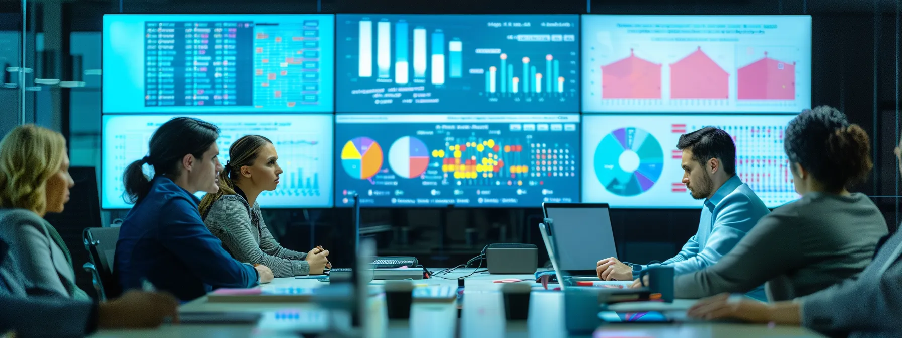 a professional team conducts a dynamic strategy review meeting in a modern conference room, surrounded by digital displays showcasing colorful graphs and key performance indicators, emphasizing their data-driven approach to optimizing marketing effectiveness.