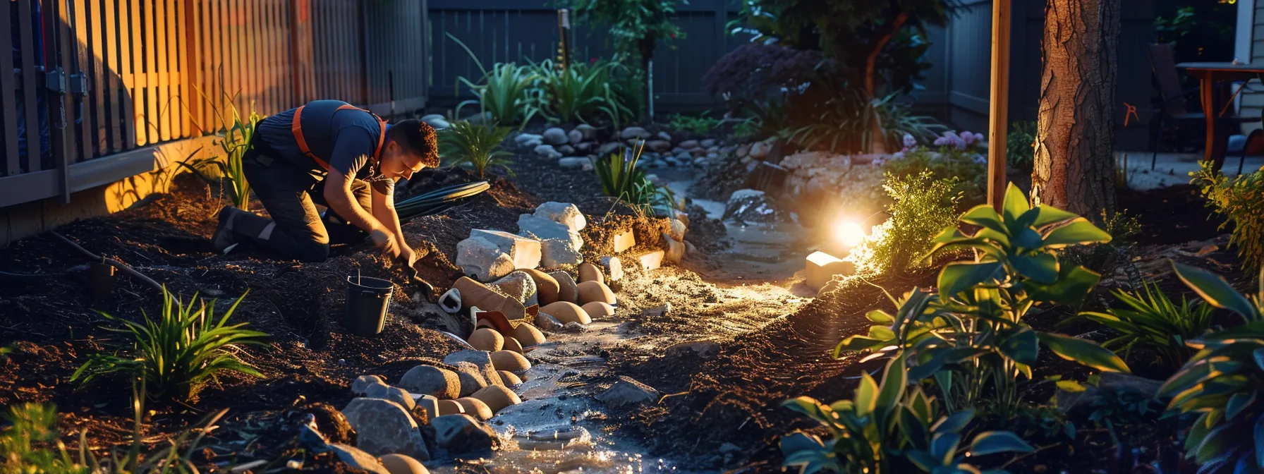 a professional team meticulously installs a french drain system in a residential st. cloud yard, showcasing advanced drainage solutions amidst a neatly arranged urban landscaping setting, illuminated by bright, artificial overhead lights. a professional team meticulously installs a french drain system in a residential st. cloud yard, showcasing advanced drainage solutions amidst a neatly arranged urban landscaping setting, illuminated by bright, artificial overhead lights.