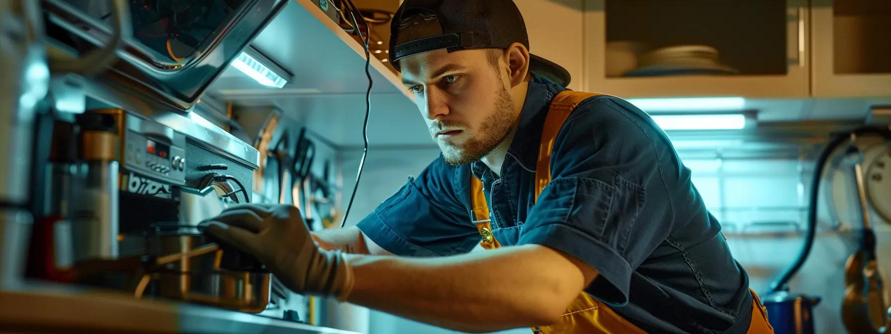 a professional technician in a modern kitchen, intensely focused on diagnosing a malfunctioning waste disposal unit, surrounded by advanced tools and diagnostic equipment, with the appliance prominently displayed and a subtle, dramatic overhead light highlighting the intricate internal components. a professional technician in a modern kitchen, intensely focused on diagnosing a malfunctioning waste disposal unit, surrounded by advanced tools and diagnostic equipment, with the appliance prominently displayed and a subtle, dramatic overhead light highlighting the intricate internal components.