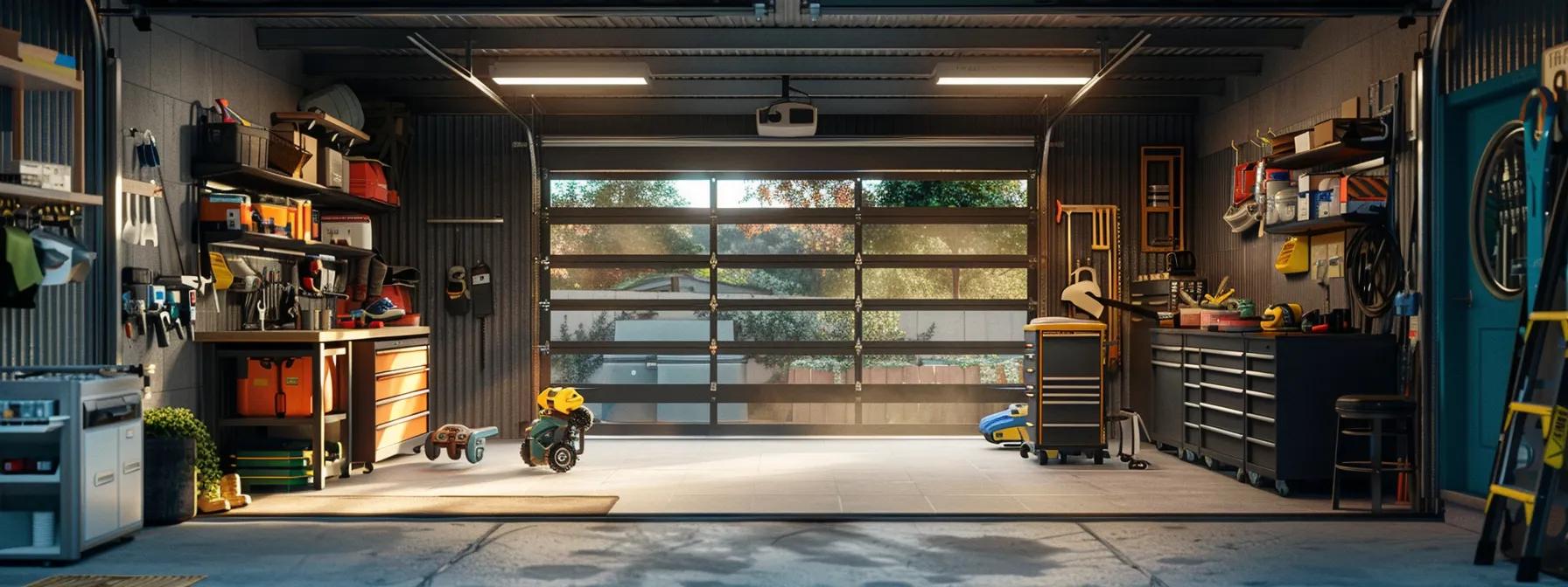 a professional technician inspects a residential garage door in a well-organized, modern garage, showcasing tools and equipment for repair, with an emphasis on expertise and reliability in service. a professional technician inspects a residential garage door in a well-organized, modern garage, showcasing tools and equipment for repair, with an emphasis on expertise and reliability in service.