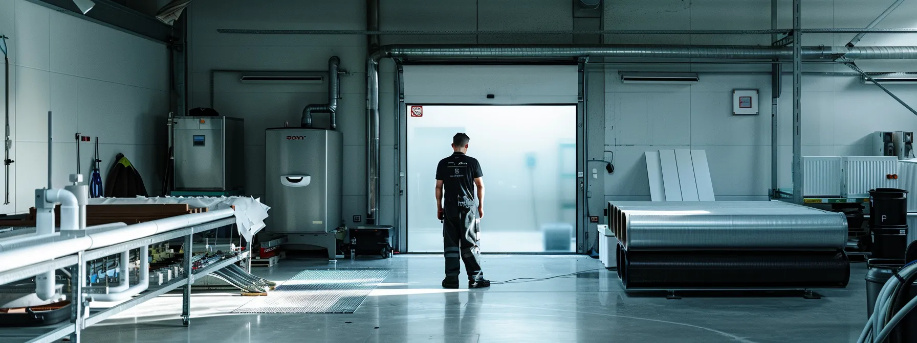 a professional technician inspects a modern solar hot water system in a sleek urban workshop, highlighting the intricate components being assessed under bright, artificial lighting to signify prompt and efficient repairs. a professional technician inspects a modern solar hot water system in a sleek urban workshop, highlighting the intricate components being assessed under bright, artificial lighting to signify prompt and efficient repairs.