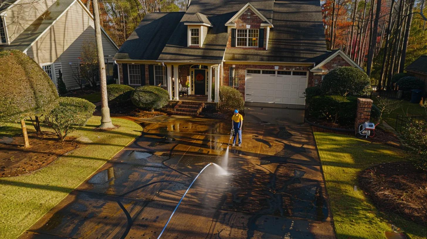 a professional technician is actively pressure washing a residential driveway in kennesaw, ga, with stark contrast between the pristine, freshly cleaned surface and the grimy, untouched sections, highlighting the importance of maintaining a healthy and appealing home environment.