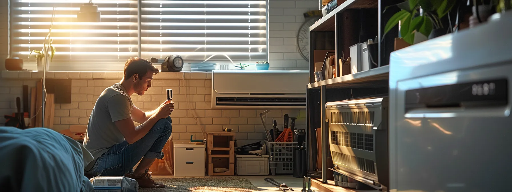 a professional technician meticulously examines a sleek, modern air conditioning unit in a well-organized urban home office, surrounded by tools and installation materials, highlighting the precision and care involved in the ac installation process.