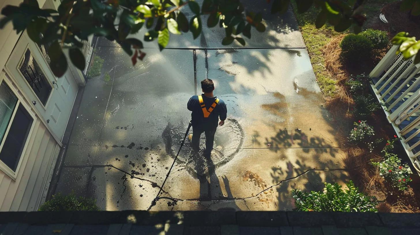 a professional technician operates a high-powered pressure washer, dramatically revealing a pristine section of a driveway in kennesaw, ga, contrasted against areas still covered in dirt and grime, emphasizing the efficiency and effectiveness of expert cleaning services.