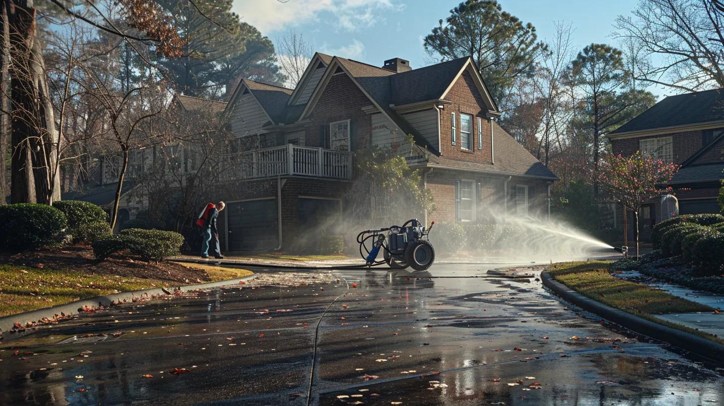 a professional technician operates a powerful pressure washer on a residential driveway in kennesaw, ga, vividly contrasting the pristine clean section with the grimy surface, emphasizing the transformative power of seasonal maintenance.