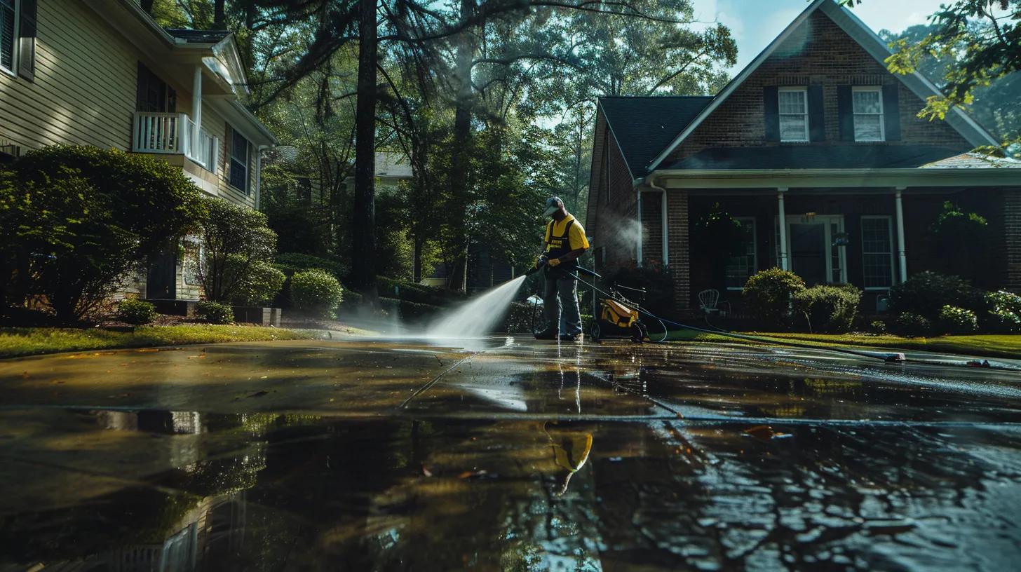 a professional technician operates a pressure washer on a residential driveway in kennesaw, ga, revealing a stark contrast between the freshly cleaned surface and the grimy, neglected area, highlighting the transformative impact of property maintenance.