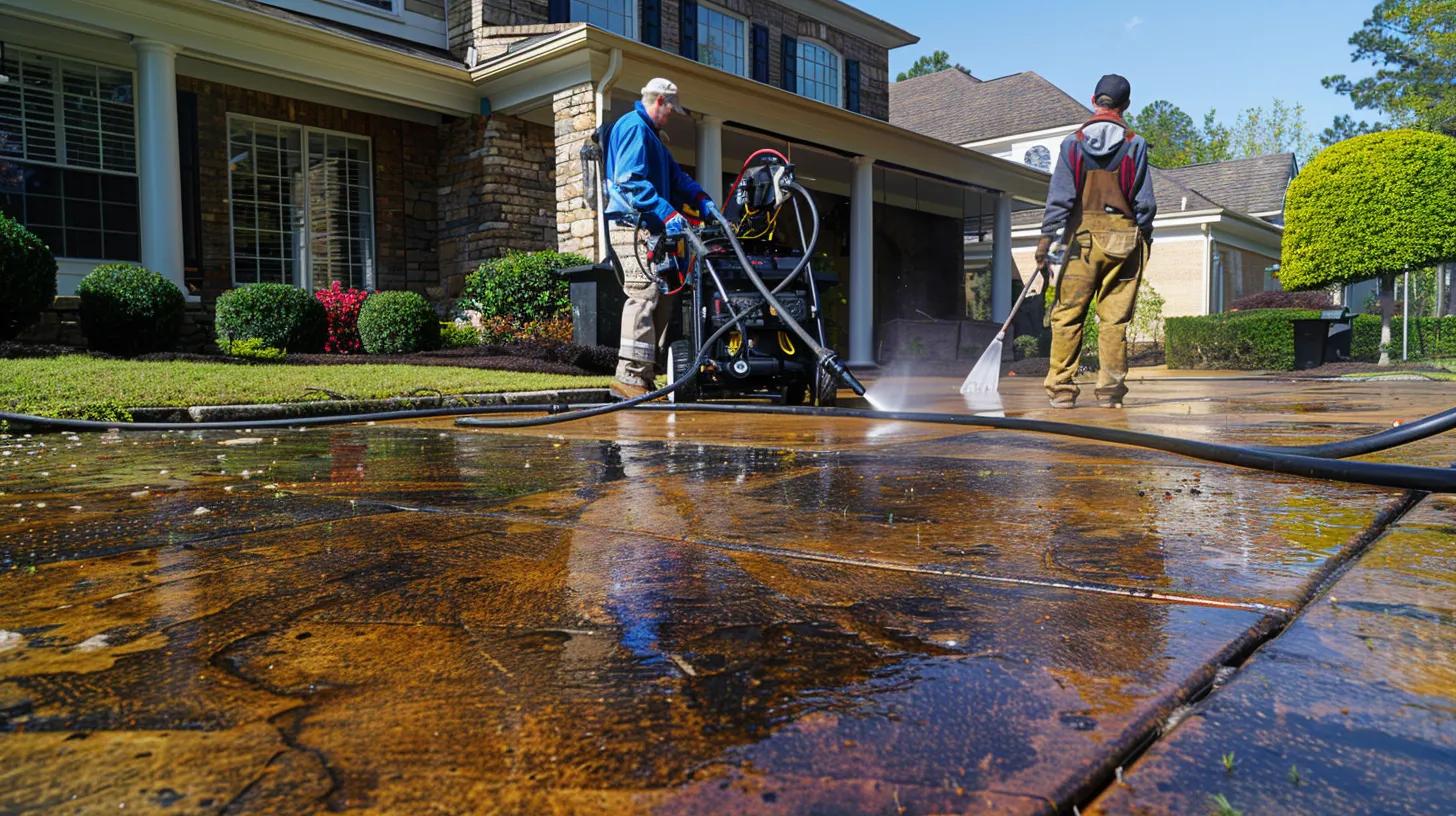 a professional technician skillfully operates high-grade pressure washing equipment to transform a residential driveway in kennesaw, ga, showcasing a stark contrast between the freshly cleaned and heavily stained sections.