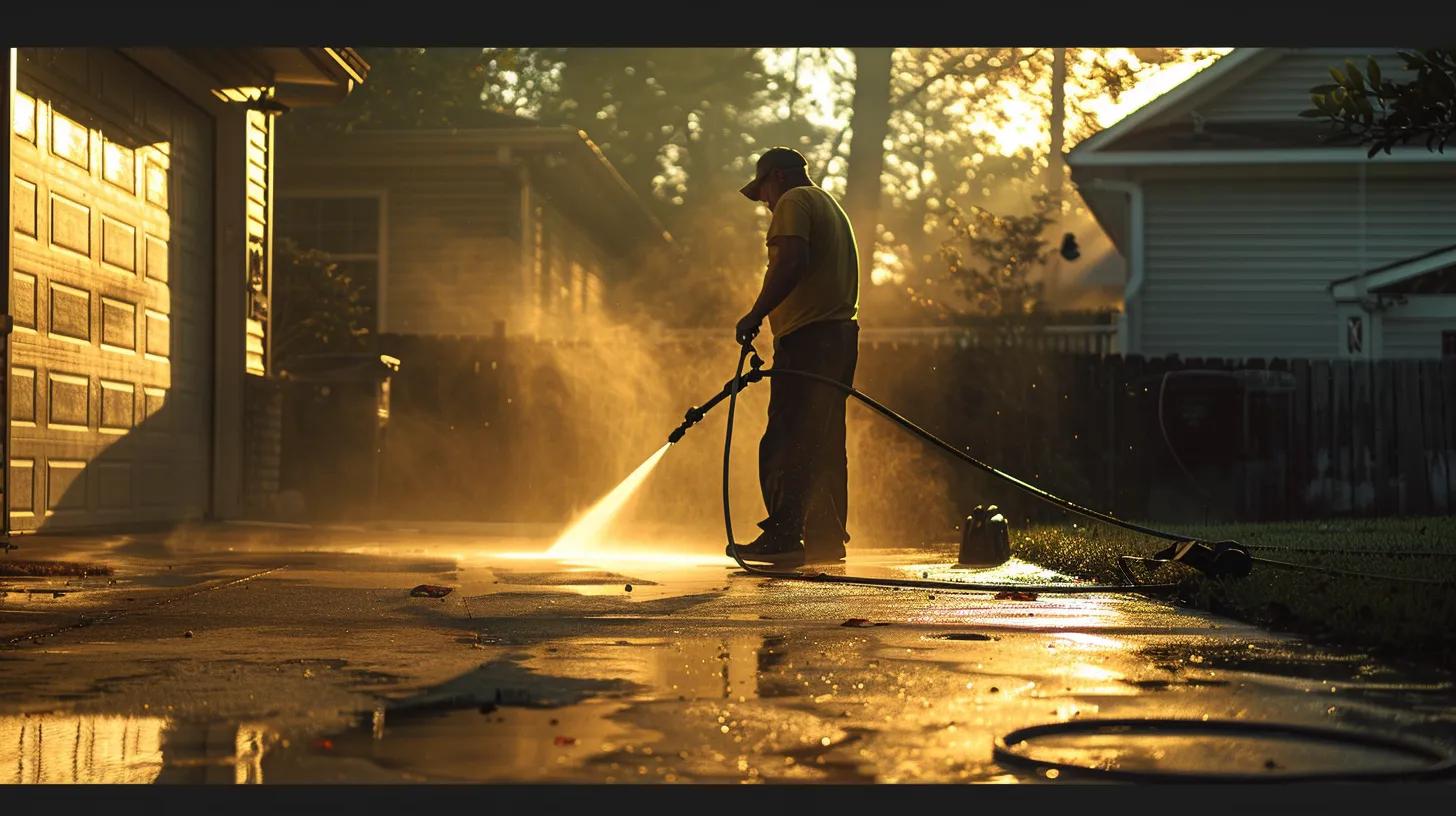 a professional technician skillfully operates a pressure washer on a residential driveway in kennesaw, ga, showcasing a stark contrast between the freshly cleaned concrete and the remaining dirty sections, highlighting the effectiveness of professional services versus diy methods.