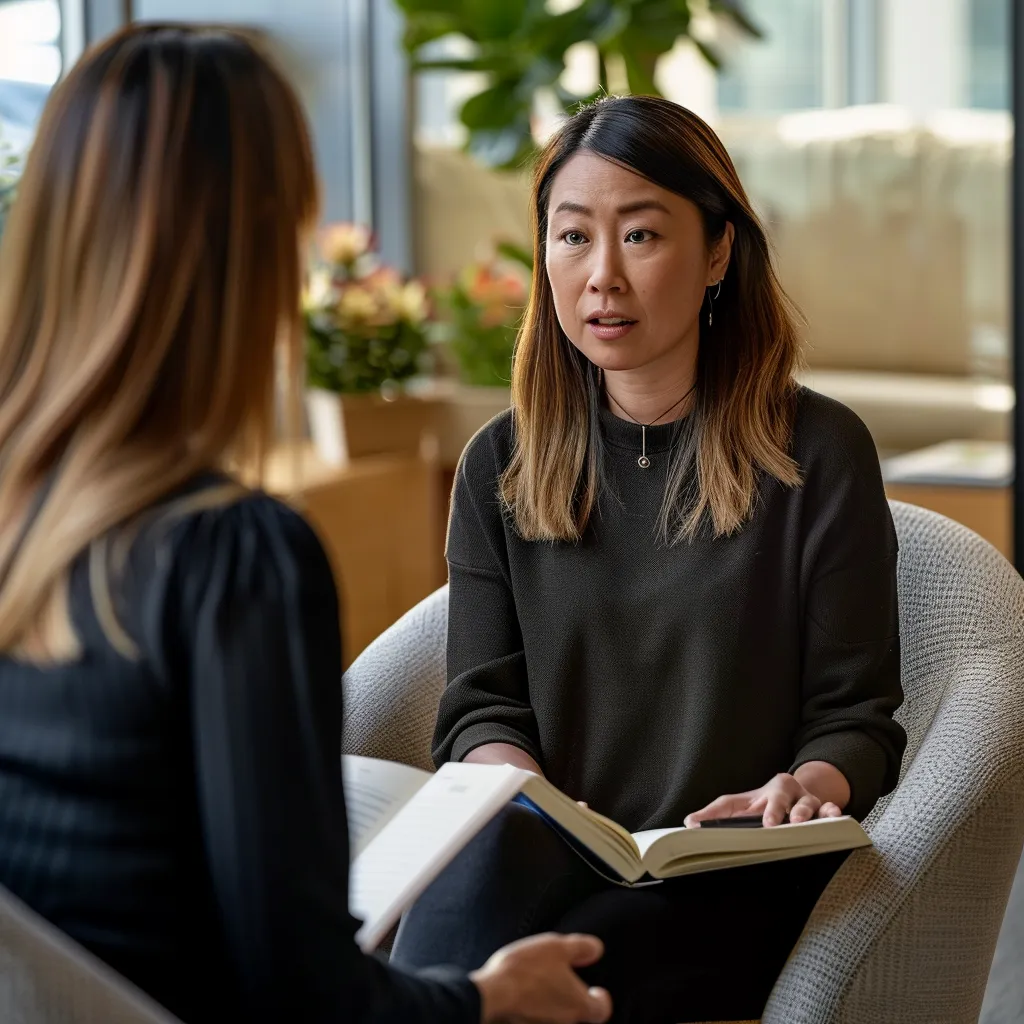 a professional therapist is attentively engaging with a client in a sleek, modern office, surrounded by neatly arranged support group materials, emphasizing the delicate balance between one-on-one therapy and group management.