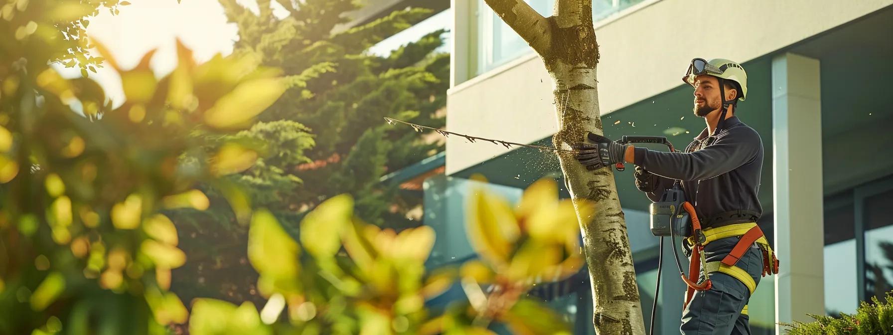 a professional tree pruning expert in safety gear meticulously trims a tall, well-maintained tree in a modern urban backyard, surrounded by clean-edged landscaping and a contemporary home exterior that reflects a commitment to quality service.