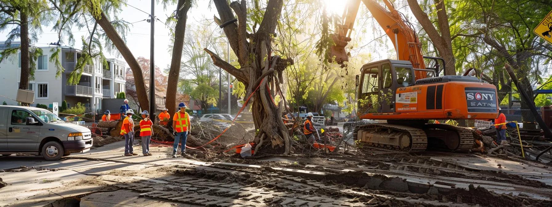 a professional tree removal crew in an urban nampa setting meticulously dismantles a large tree using advanced equipment, surrounded by safety gear and clear communication signs, highlighting the precision and care of the comprehensive removal process. a professional tree removal crew in an urban nampa setting meticulously dismantles a large tree using advanced equipment, surrounded by safety gear and clear communication signs, highlighting the precision and care of the comprehensive removal process.