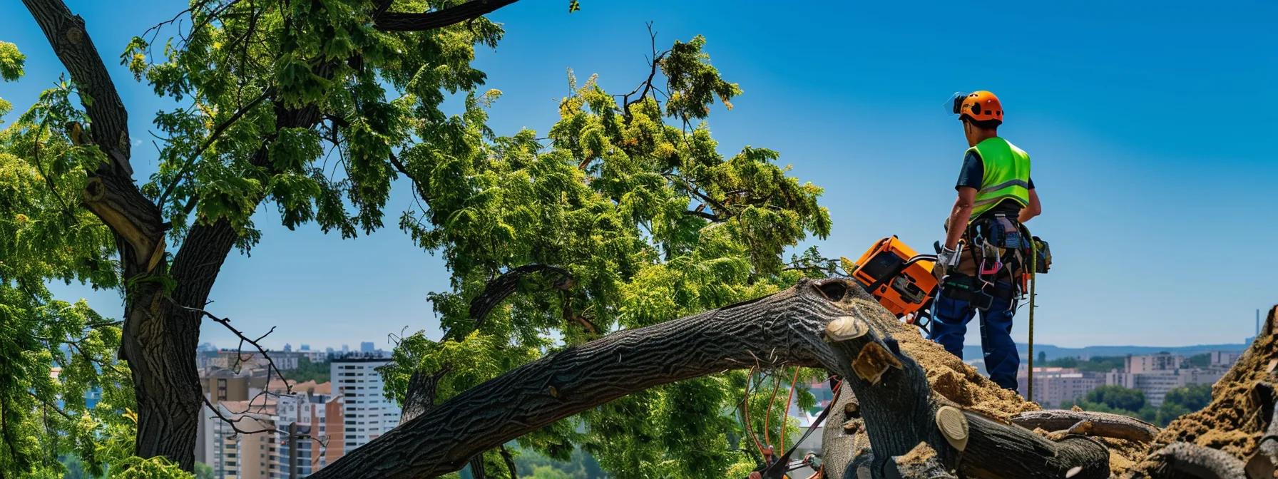a professional tree removal crew in safety gear efficiently dismantles a large tree in an urban nampa setting, with specialized equipment and a clear blue sky contrasting against the vibrant cityscape. a professional tree removal crew in safety gear efficiently dismantles a large tree in an urban nampa setting, with specialized equipment and a clear blue sky contrasting against the vibrant cityscape.