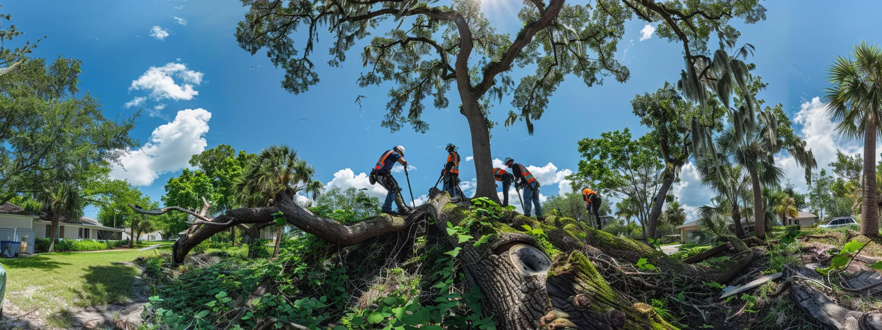 a professional tree removal team in safety gear diligently uses specialized equipment to safely take down a large tree in a suburban st. cloud, florida, environment, emphasizing the importance of proper safety practices and property protection. a professional tree removal team in safety gear diligently uses specialized equipment to safely take down a large tree in a suburban st. cloud, florida, environment, emphasizing the importance of proper safety practices and property protection.