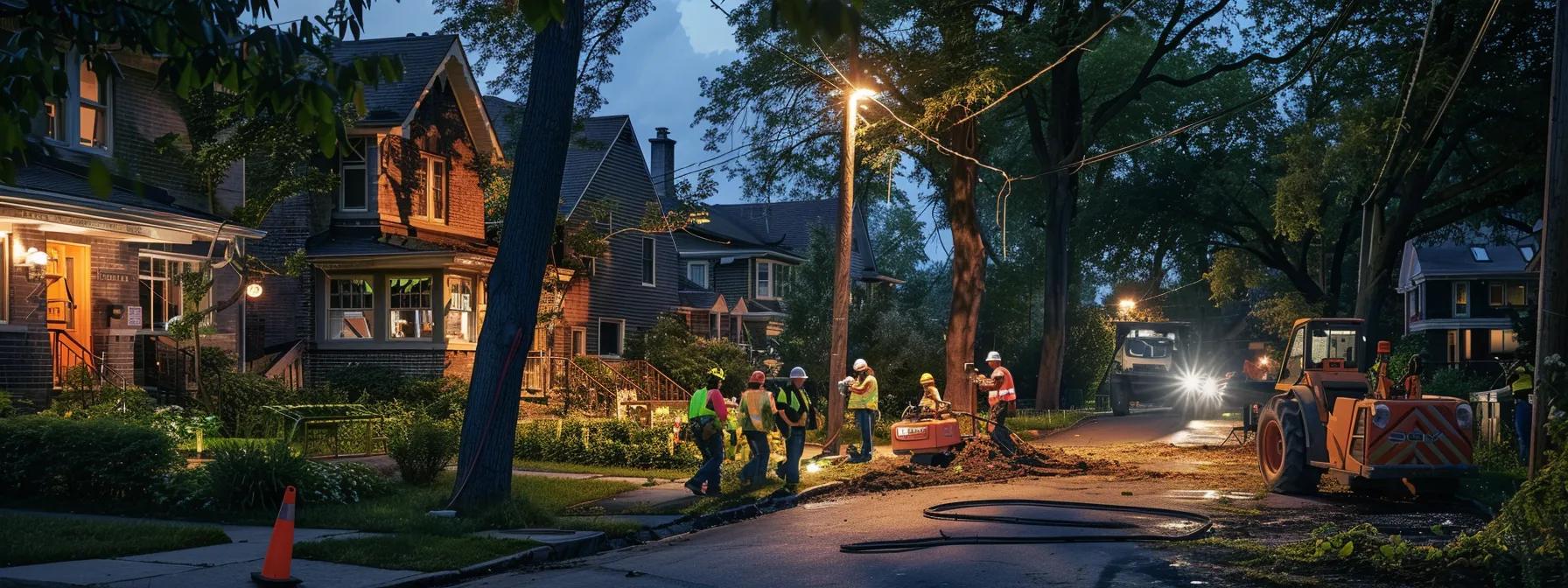 a professional tree removal team in safety gear methodically working on a suburban property, surrounded by urban homes, with a clear focus on meticulous tree care and community commitment under bright, focused artificial lighting.