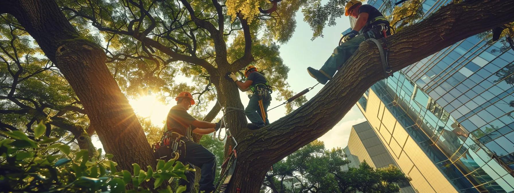 a professional tree removal team efficiently operates in a st. cloud urban environment, showcasing detailed planning and precision as they work around a large tree with safety equipment and tools, set against a clear sky and modern buildings in the background.